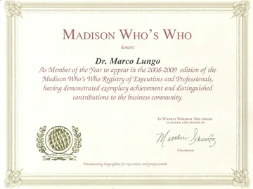 Attestato Madison Who's Who 2008-2009 intestato a Marco Lungo